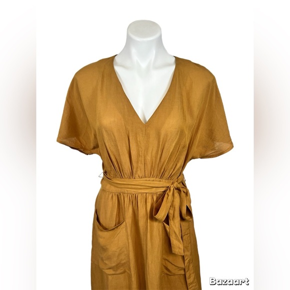 Madewell Mustard Linen-Blend Dolman Sleeve Tie-Waist Midi Dress — Size 8 - Picture 6 of 8